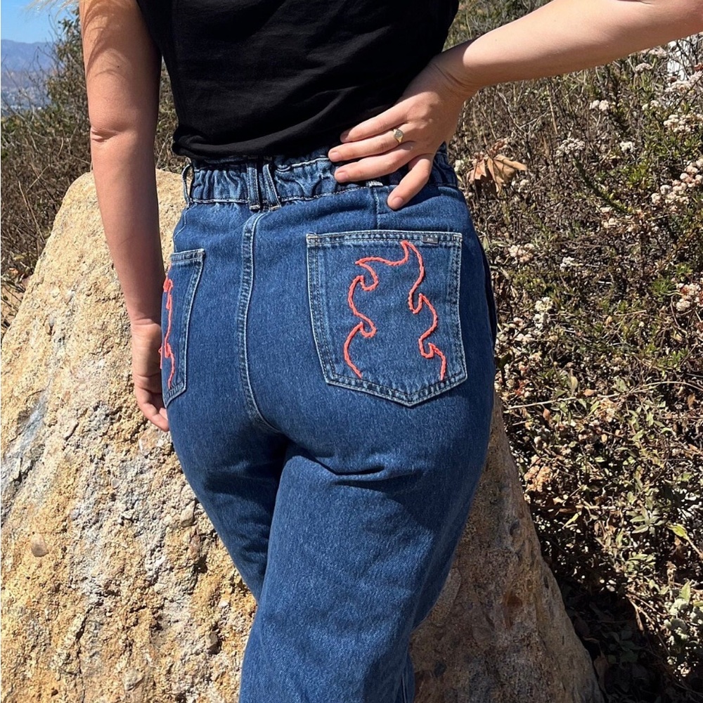 ZARA GATHERED WAIST CUSTOM EMBROIDERED JEANS